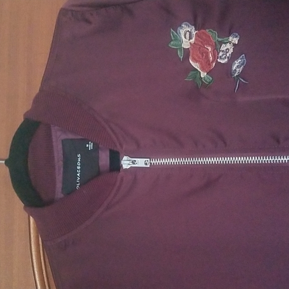 Olivaceous Karlie Floral Satin Zipper Bomber Jacket- size M- color Burgundy - Picture 2 of 10